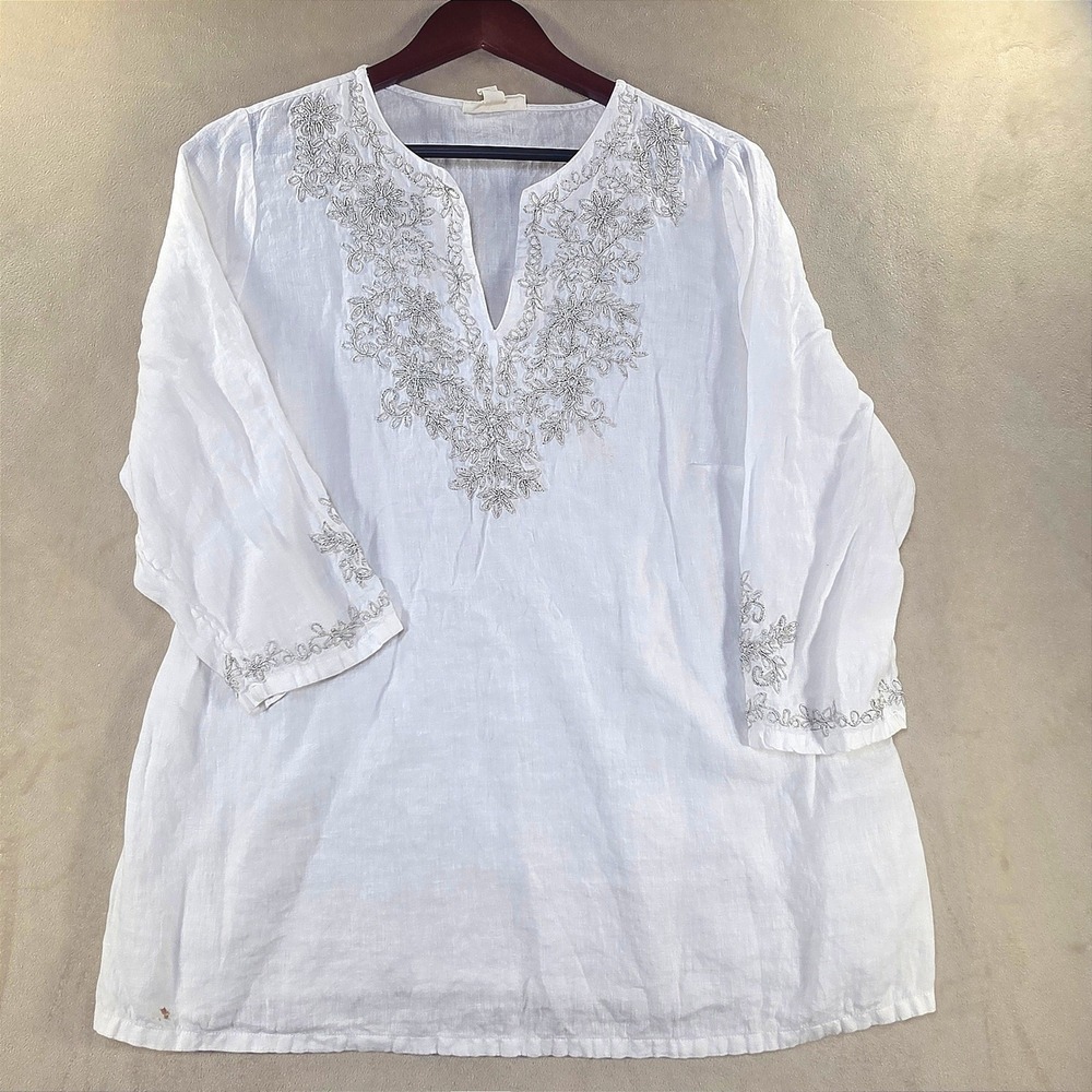 Charter Club Luxury Woman White Linen Embroidered Tunic Top Silver Floral 0X